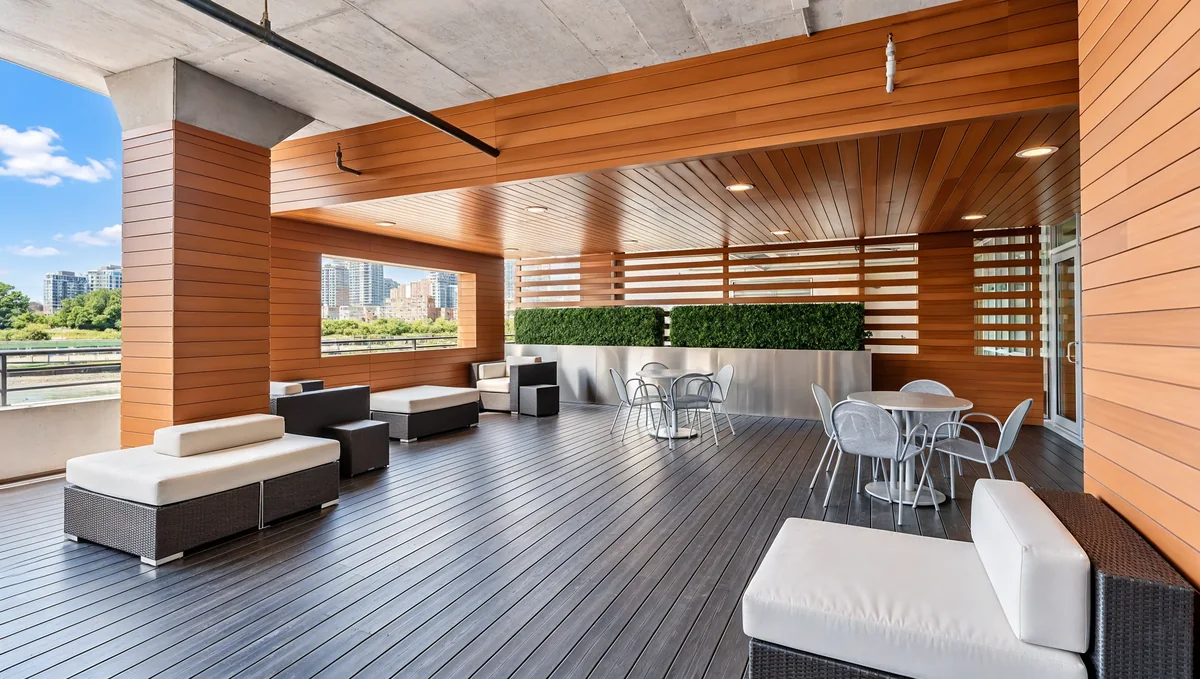 Outdoor terrace with seating and planters