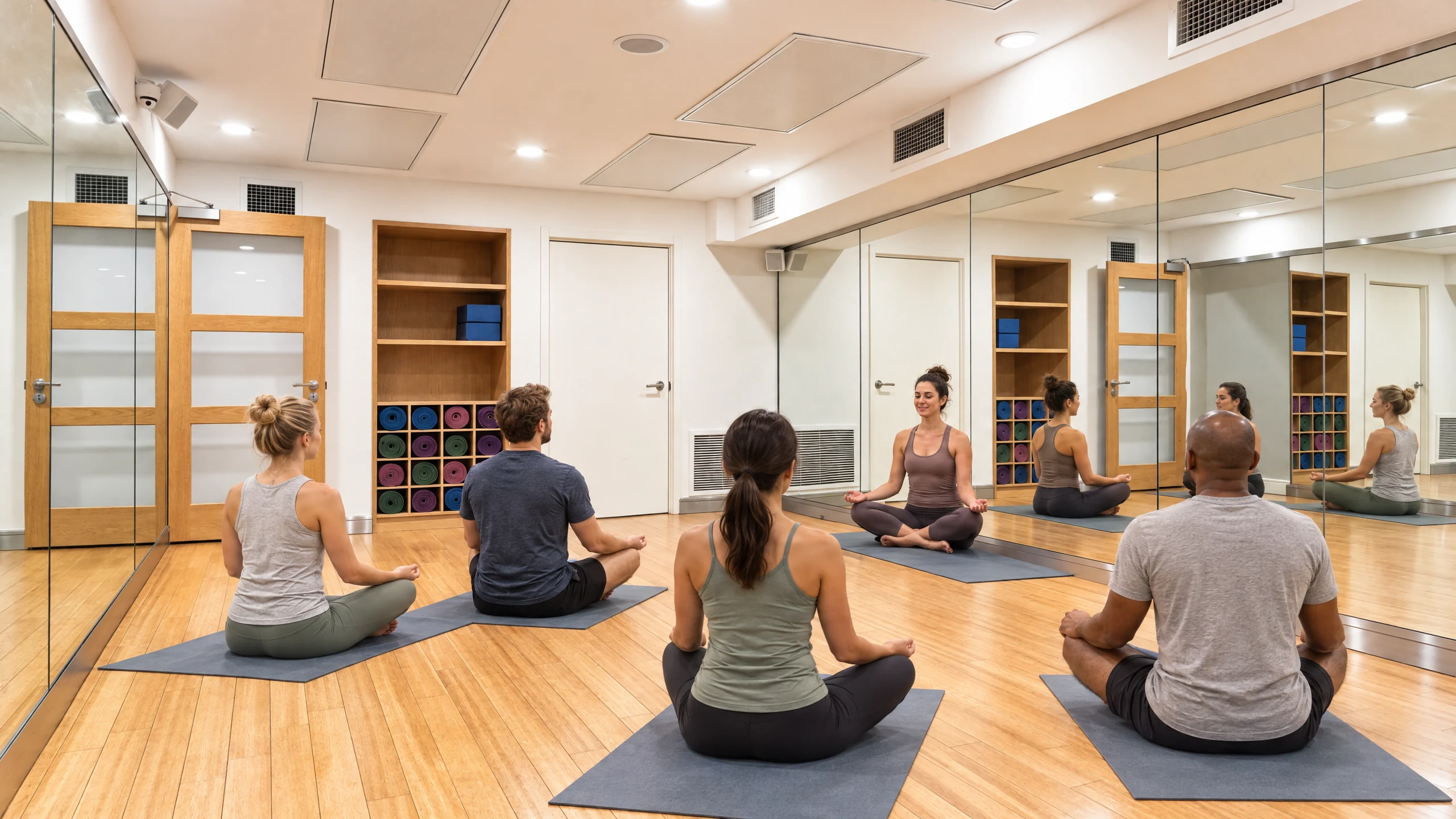 Concept image: an instructor leading a small class in the Hot Yoga Room